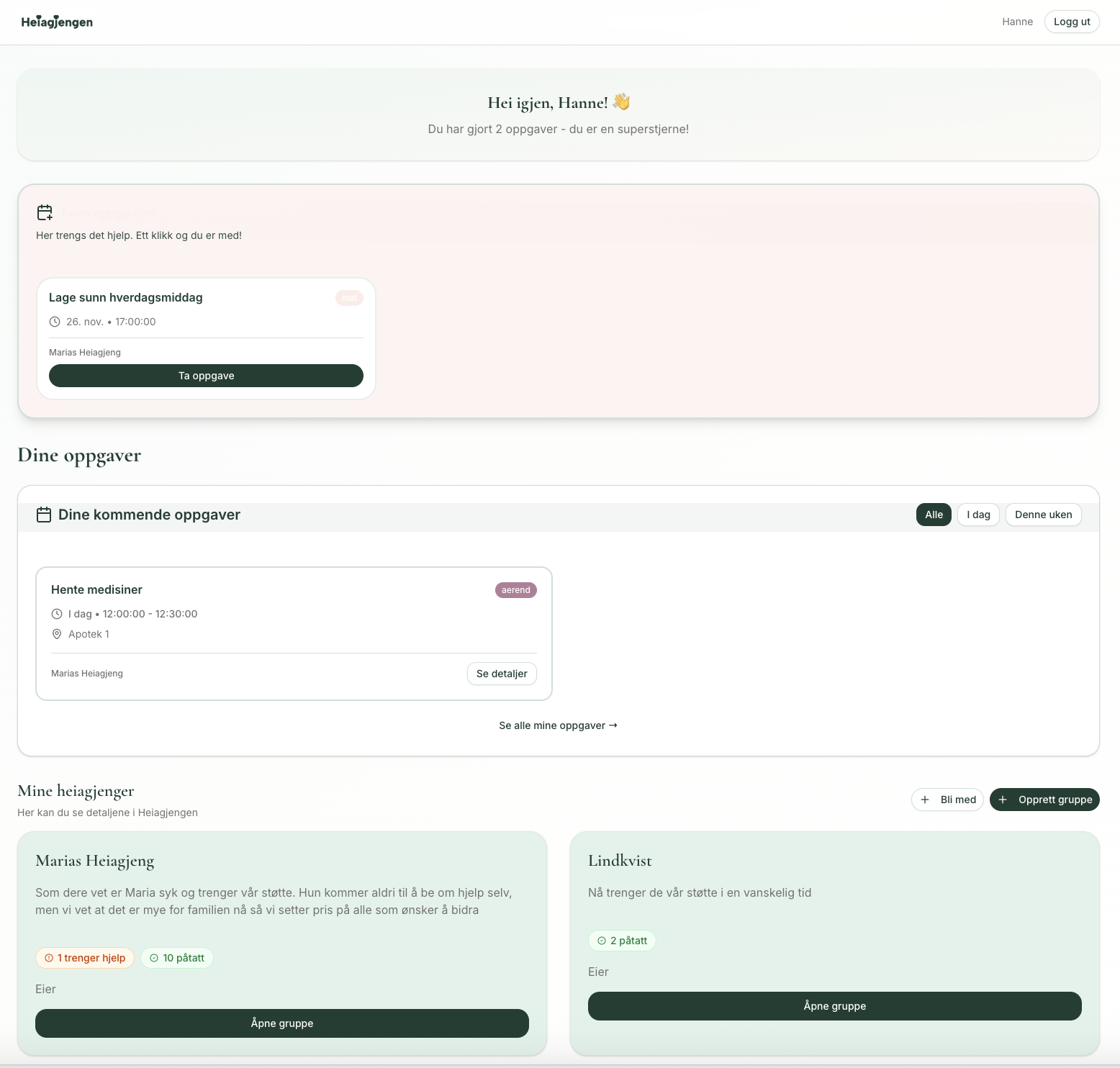 Dashboard med oversikt over oppgaver og grupper